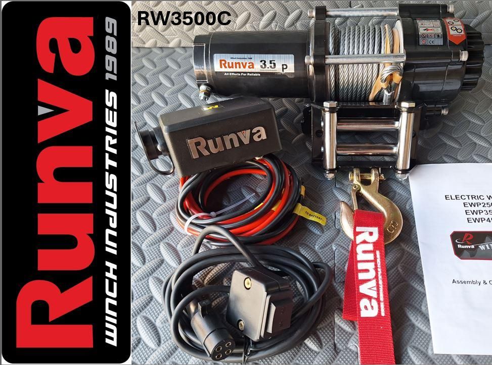 3500LBS – RUNVA WINCH 12V WITH STEEL CABLE (3 500LBS = 1 588KG) (SUPPLIED WITH CABLE (WIRE) REMOTE ONLY)