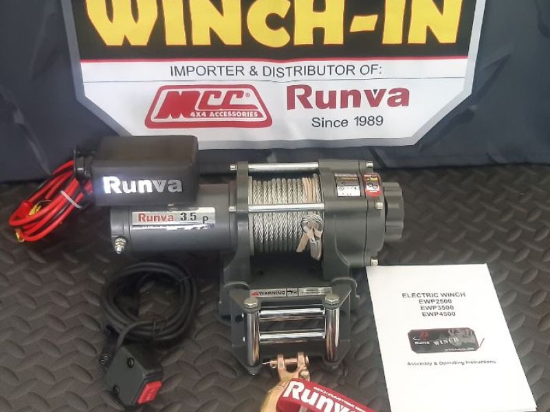 3500LBS – RUNVA WINCH 24V WITH STEEL CABLE (3 500LBS = 1 588KG) (SUPPLIED WITH CABLE (WIRE) REMOTE ONLY)