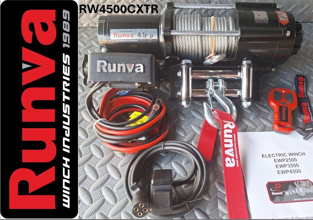 4500LBS – RUNVA WINCH 12V WITH STEEL CABLE (4 500LBS = 2 041KG)(SUPPLIED WITH CABLE (WIRE) + WIRELESS REMOTE)