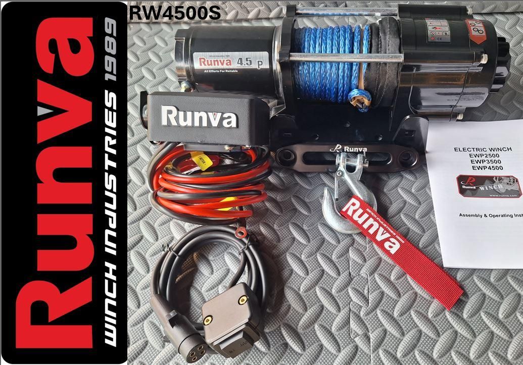 4500LBS – RUNVA WINCH 12V WITH SYNTHETIC ROPE (4 500LBS = 2 041KG)12V (SUPPLIED WITH CABLE (WIRE) REMOTE ONLY)