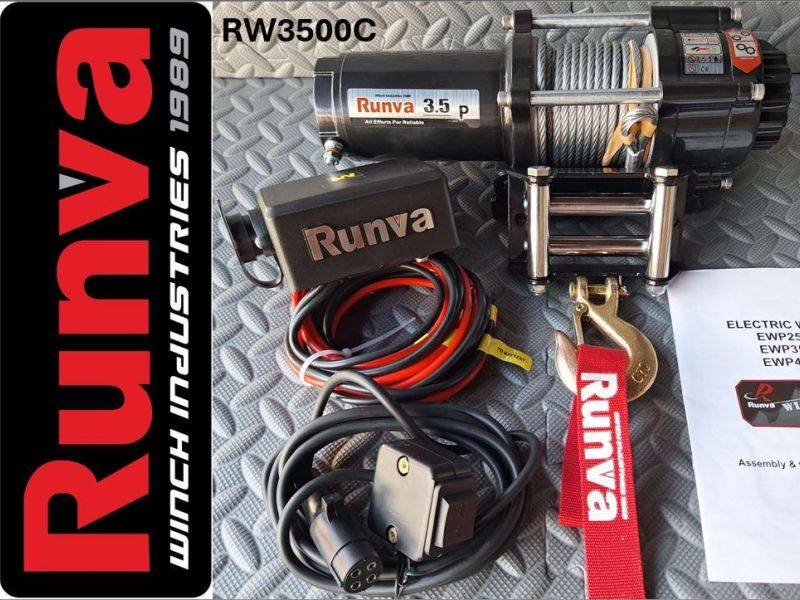 3500LBS – RUNVA WINCH 12V WITH STEEL CABLE (3 500LBS = 1 588KG) (SUPPLIED WITH CABLE (WIRE) REMOTE ONLY)